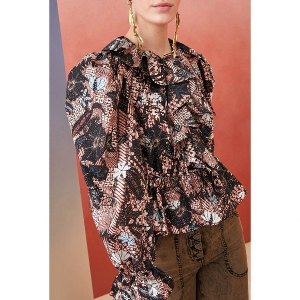 Ulla Johnson Cotton Ruffle Floral Blouse 6 Puff Sleeve Boho Romantic Top artisan